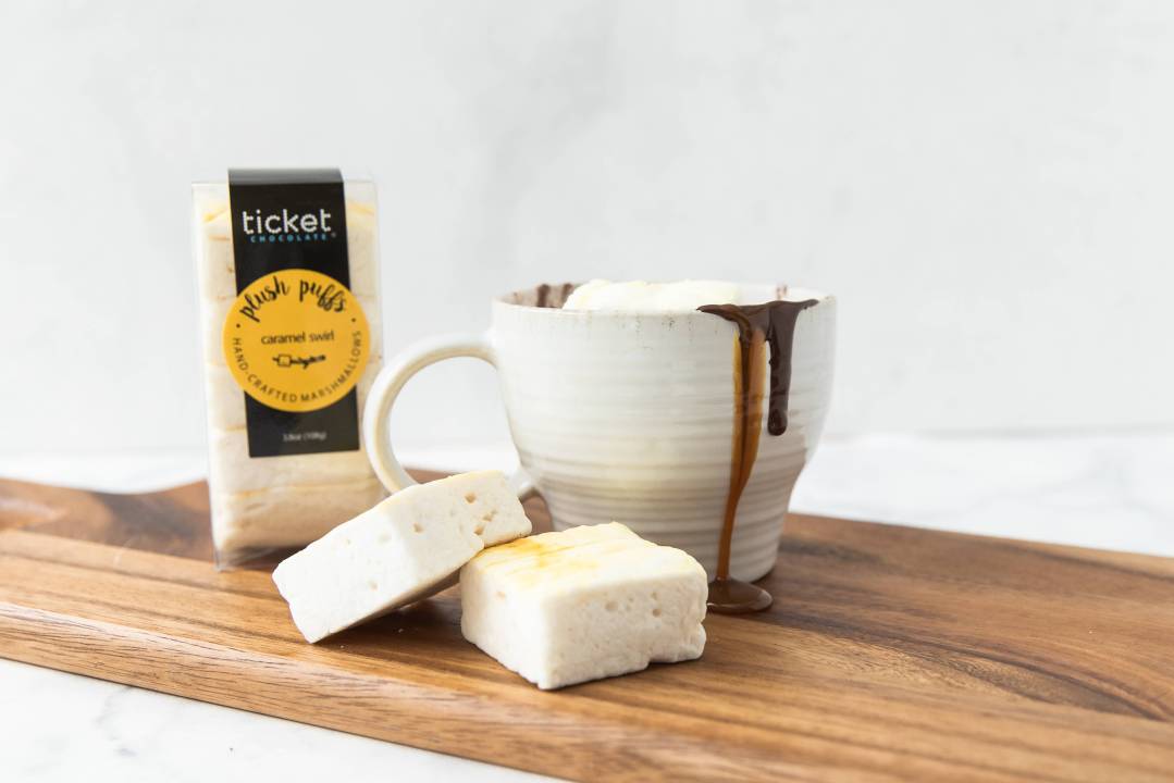 Artisan Chocolate | Gourmet Chocolate | Boutique Chocolate | Belgian Chocolate | Wholesale Chocolate | Plush Puffs Hand-Crafted Gourmet Marshmallows | Gourmet Marshmallows |Caramel Swirl | Ticket Chocolate | Gift