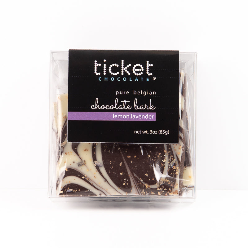 Artisan Chocolate | Gourmet Chocolate | Boutique Chocolate | Belgian Chocolate | Wholesale Chocolate | Chocolate Bark | Lemon-Lavender Dark/White | Ticket Chocolate | Gift