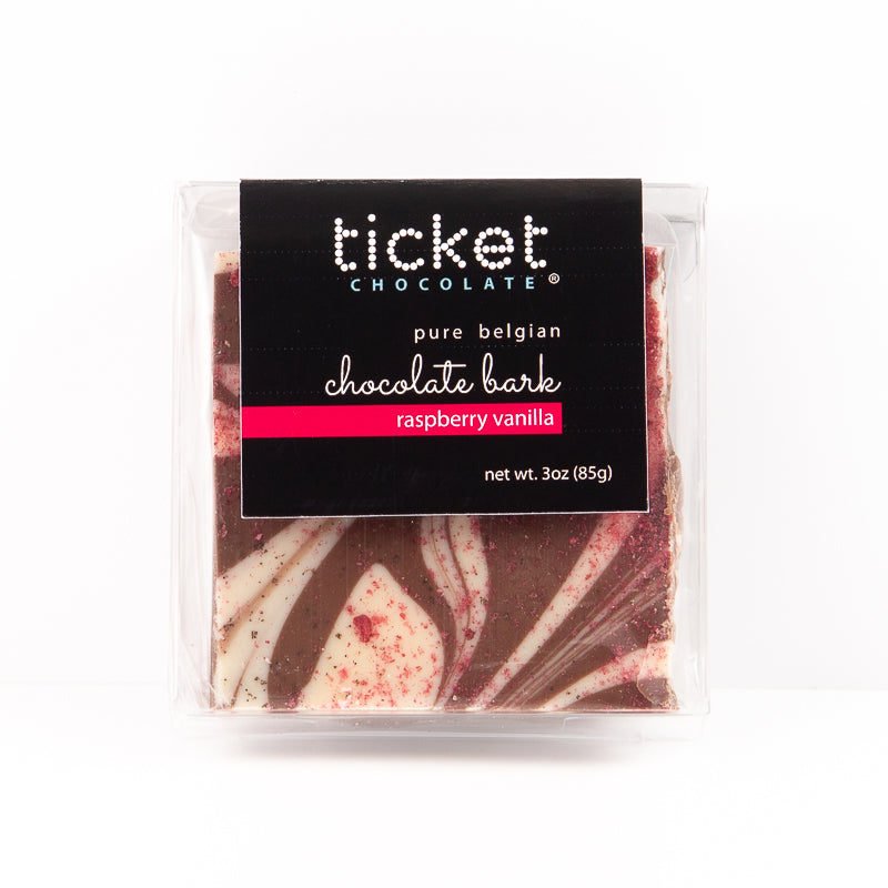 Artisan Chocolate | Gourmet Chocolate | Boutique Chocolate | Belgian Chocolate | Wholesale Chocolate | Chocolate Bark | Raspberry-Vanilla Milk/White | Ticket Chocolate | Gift