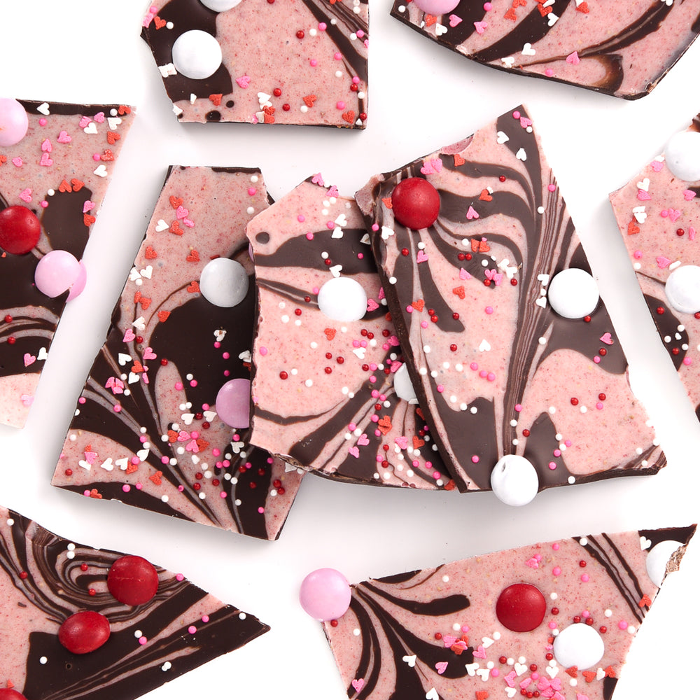 Happy Valentine's Day Strawberry Cheesecake Bark: Dark & White Chocolate (Bulk)