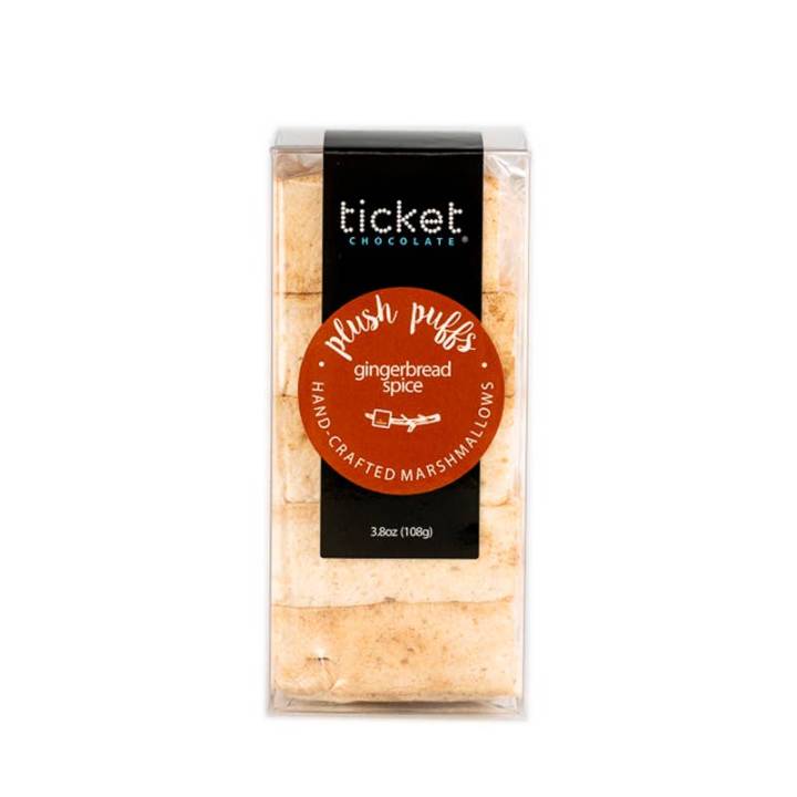 Artisan Chocolate | Gourmet Chocolate | Boutique Chocolate | Belgian Chocolate | Wholesale Chocolate | Plush Puffs Hand-Crafted Gourmet Marshmallows | Fall | Winter | Gingerbread Spice | Ticket Chocolate | Gift