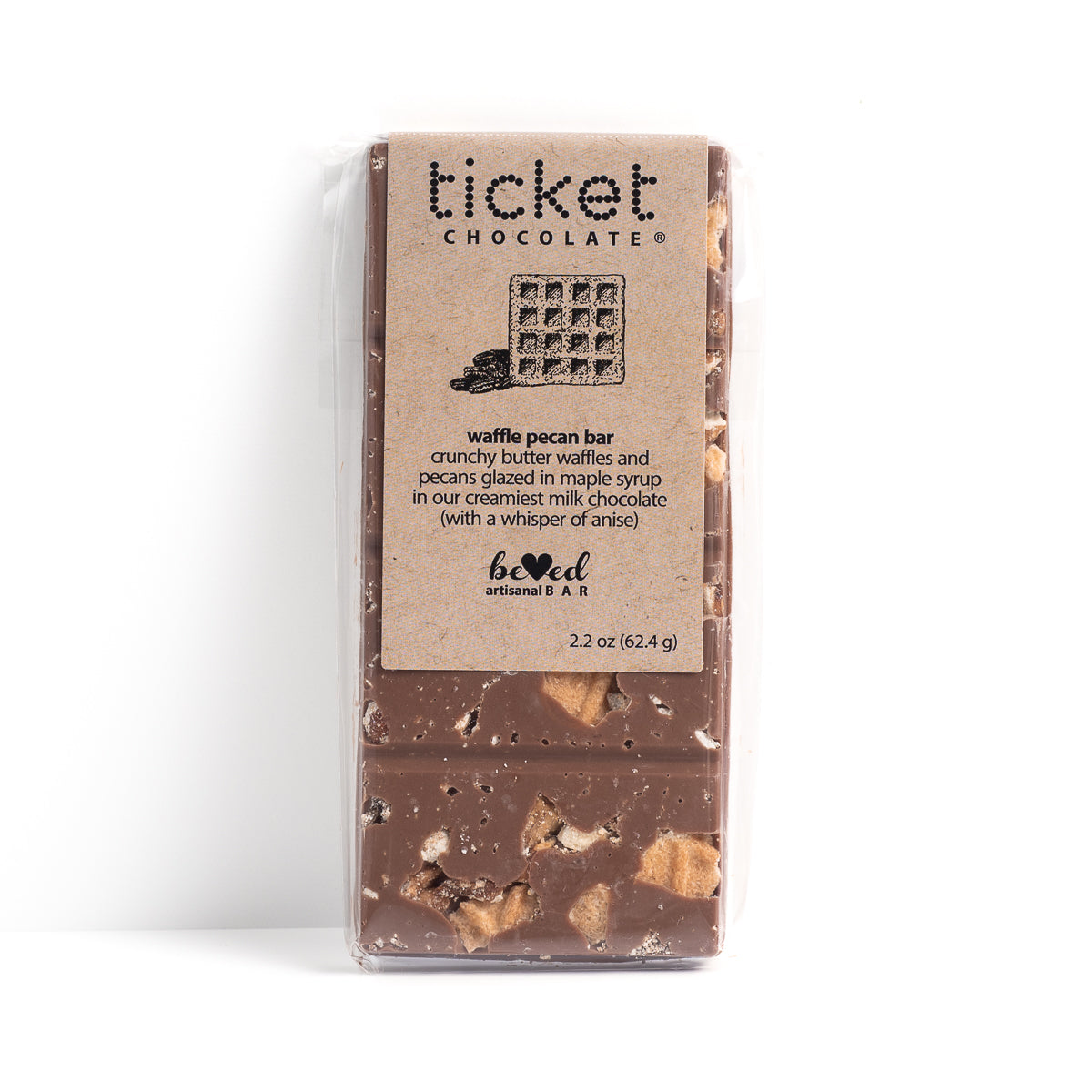Artisan Chocolate Bar | Gourmet Chocolate Bar | Boutique Chocolate | Belgian Chocolate | Wholesale Chocolate | Beloved Bar | Waffle Pecan | Ticket Chocolate | Gift