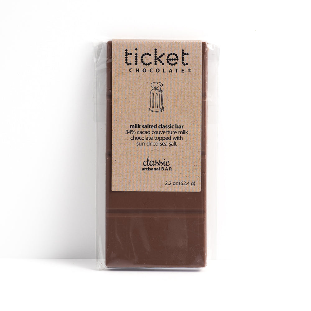 Artisan Chocolate Bar | Gourmet Chocolate Bar | Boutique Chocolate | Belgian Chocolate | Wholesale Chocolate | Classic Bar | Milk Salted | Ticket Chocolate | Gift