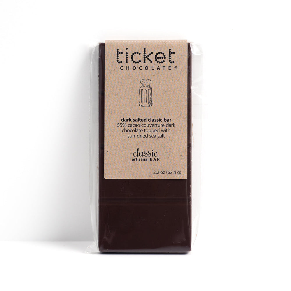Artisan Chocolate Bar | Gourmet Chocolate Bar | Boutique Chocolate | Belgian Chocolate | Wholesale Chocolate | Classic Bar | Dark Salted | Ticket Chocolate | Gift