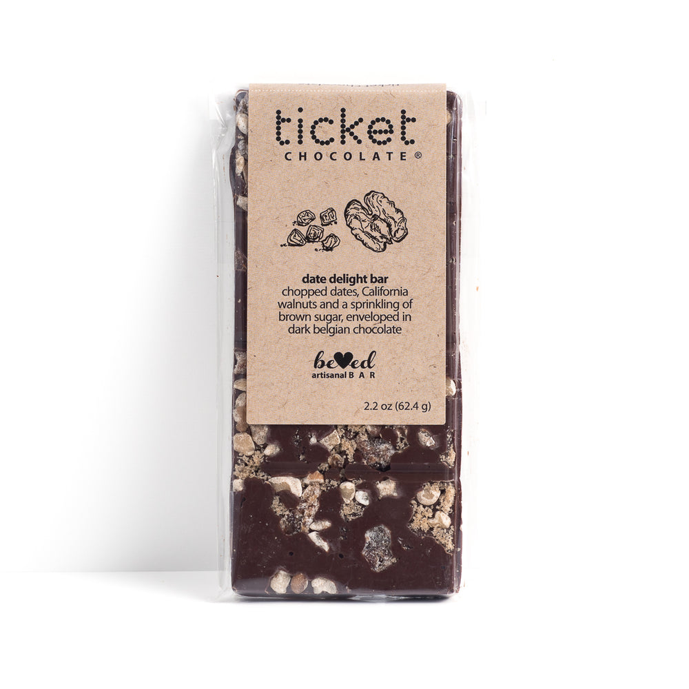 Artisan Chocolate Bar | Gourmet Chocolate Bar | Boutique Chocolate | Belgian Chocolate | Wholesale Chocolate | Gourmet Chocolate Bar | Date Delight | Ticket Chocolate | Gift