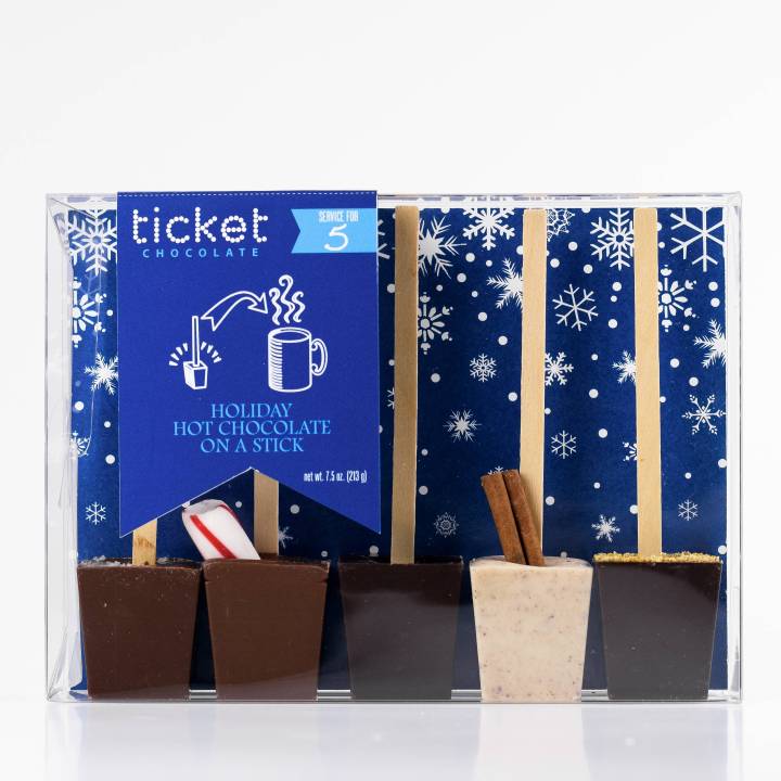 Artisan Chocolate | Gourmet Chocolate | Boutique Chocolate | Belgian Chocolate | Wholesale Chocolate | Hot Chocolate on a Stick 5-Pack | Holiday | Salted Caramel | Peppermint | Hazelnut Dark | Orange | Spiced Apple Cider | Ticket Chocolate | Gift