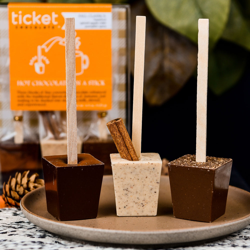 Artisan Chocolate | Gourmet Chocolate | Boutique Chocolate | Belgian Chocolate | Wholesale Chocolate | Hot Chocolate on a Stick 3-Pack | Fall Classics | Fall | Thanksgiving | Hazelnut Dark | Pumpkin Spice | Spiced Apple Cider | Ticket Chocolate | Gift