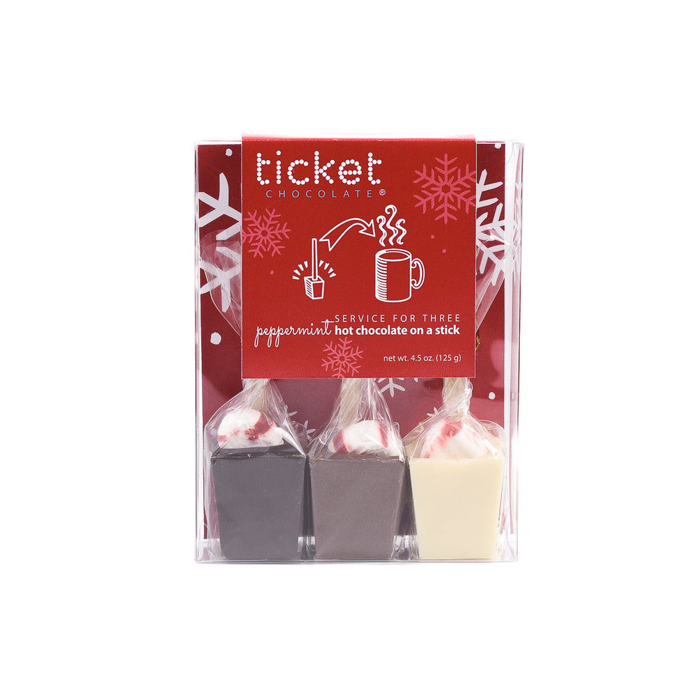 Artisan Chocolate | Gourmet Chocolate | Boutique Chocolate | Belgian Chocolate | Wholesale Chocolate | Hot Chocolate on a Stick 3-Pack | Peppermint Milk | Peppermint White | Peppermint Dark | Ticket Chocolate | Holiday | Christmas | Gift