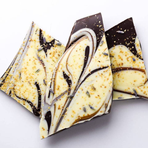 Artisan Chocolate | Gourmet Chocolate | Boutique Chocolate | Belgian Chocolate | Wholesale Chocolate | Chocolate Bark Bulk | Lemon-Lavender Dark/White | Ticket Chocolate | Gift