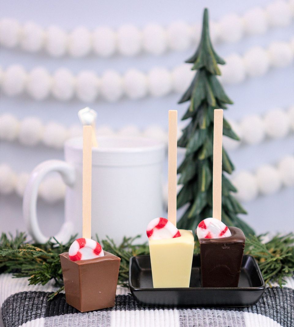 Artisan Chocolate | Gourmet Chocolate | Boutique Chocolate | Belgian Chocolate | Wholesale Chocolate | Hot Chocolate on a Stick 3-Pack | Peppermint Milk | Peppermint White | Peppermint Dark | Ticket Chocolate | Holiday | Christmas | Gift